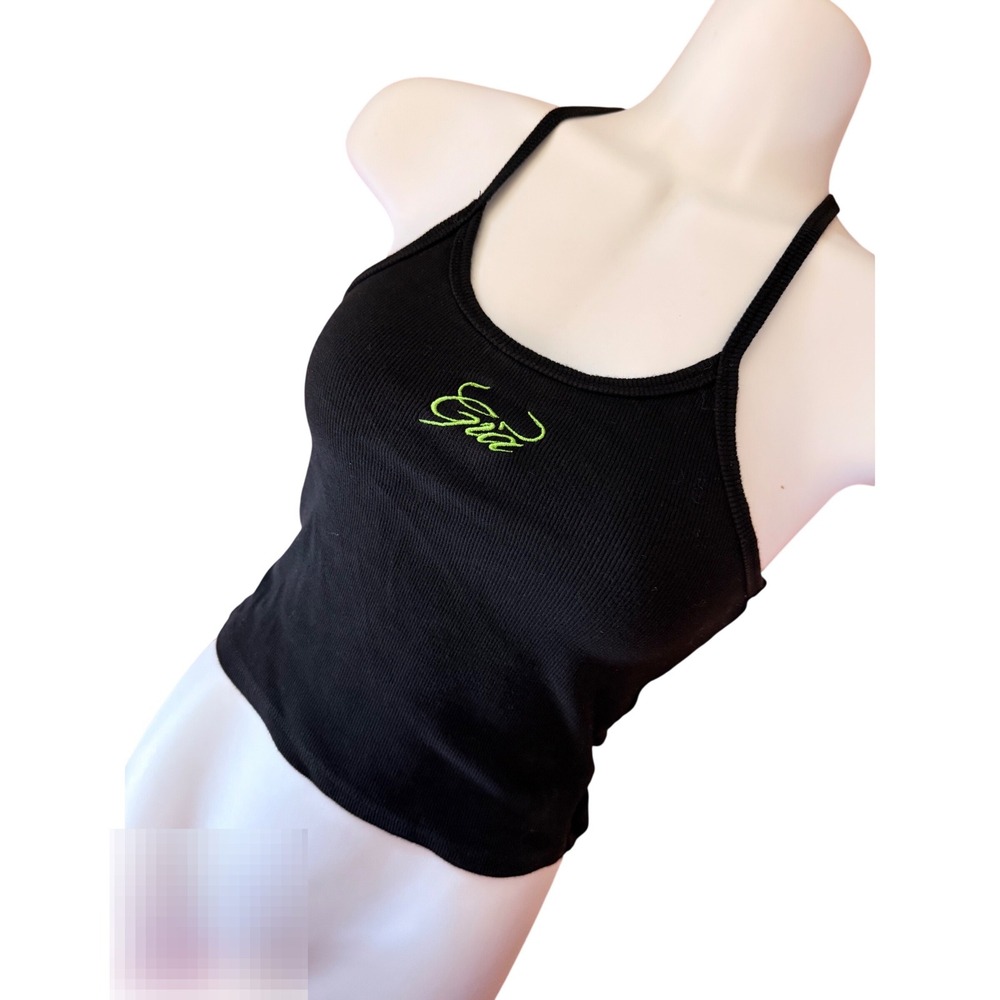 Y2K I.AM.GIA Black Crop Tank Top‎ Neon Green Logo Embroidered Streetwear